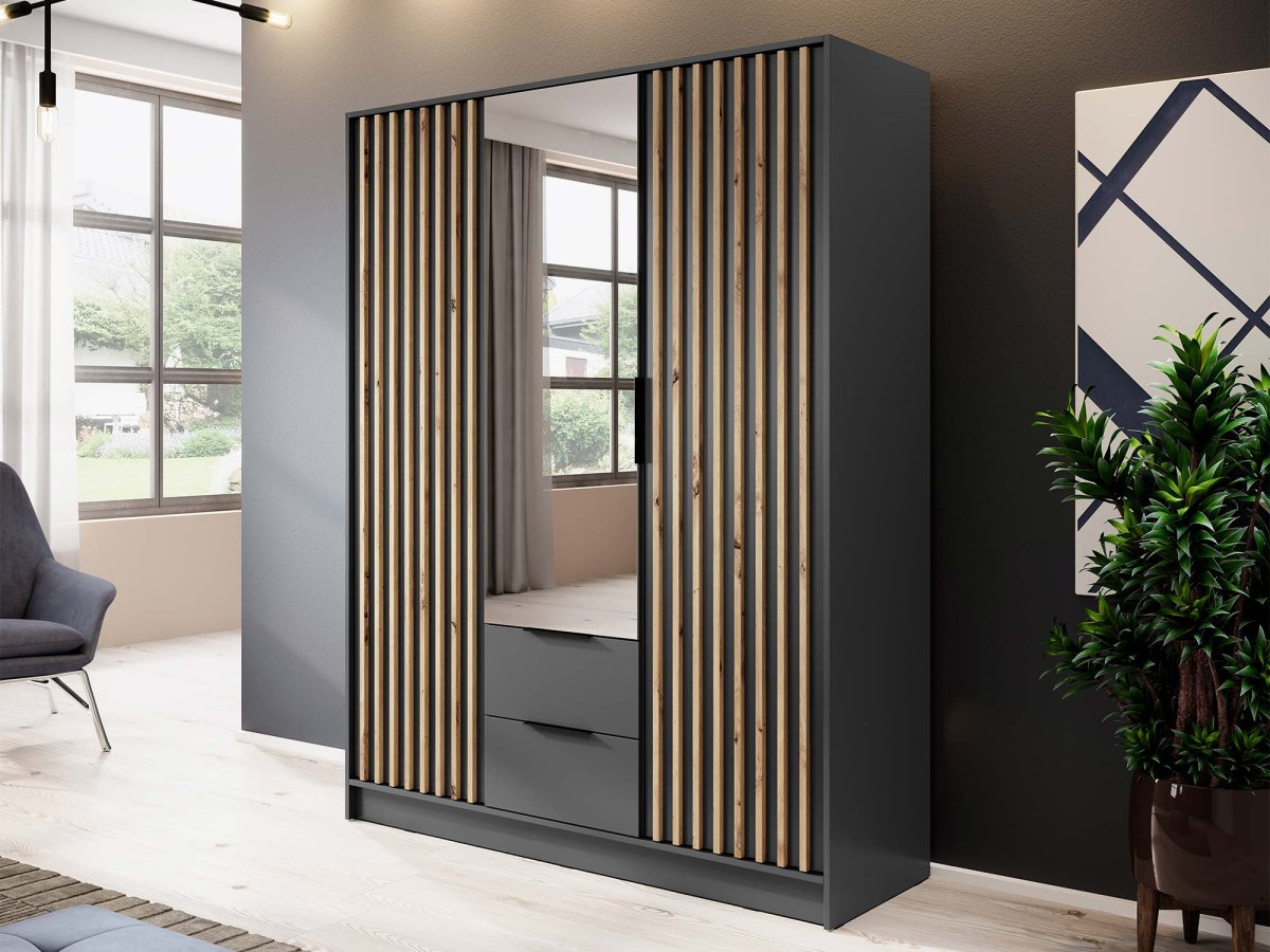 Eleganter Kleiderschrank DELY 3D 150 cm mit Spiegel und schwarzen Griffen