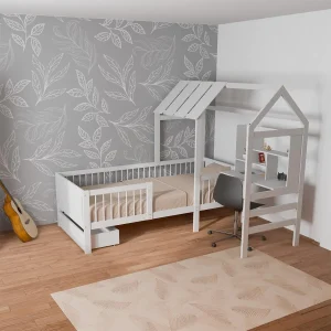 Juskys Kinderbett Yari 90 × 200 cm - Einzelbett mit Schreibtisch & Schublade, Spielzeug