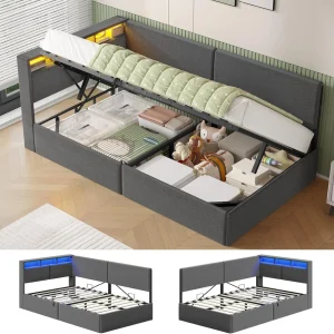 AOGLLATI Polsterbett Schlafsofa 90 × 200 mit USB-Steckdosen und hydraulischem Stauraum, Jugendbett, Matratze, Schlafzimmer, 95 cm, LED-Beleuchtung