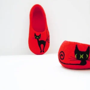 Red Black Cat Slippers - Bright Felted House Shoes