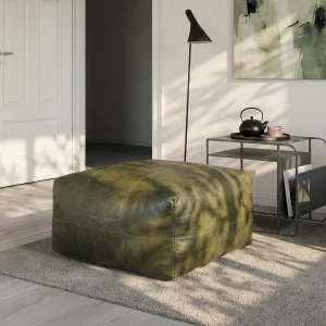 Pouf Tenna 75 × 75 × 45 cm - Echtleder Olivgrün